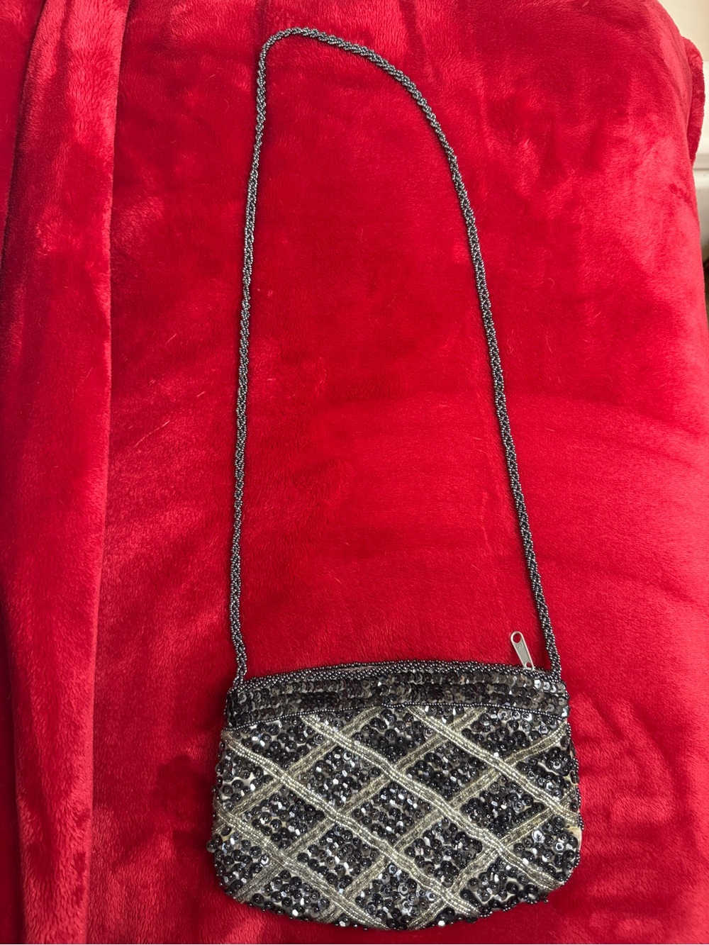 Vintage La Regale Silver Sequin & Beaded Lattice Crossbody Evening Bag